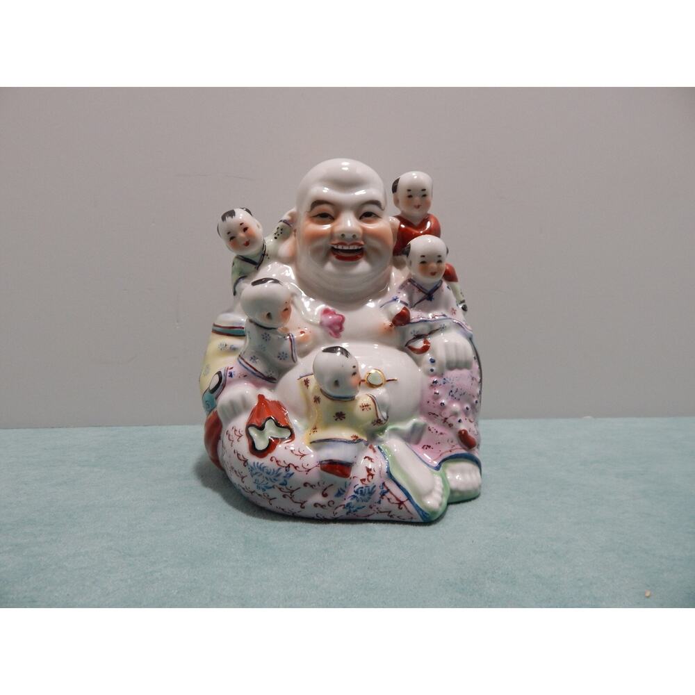 Laughing Happy Buddha with Five Kids Fine Porcelain Statue 5 3/4" Tall